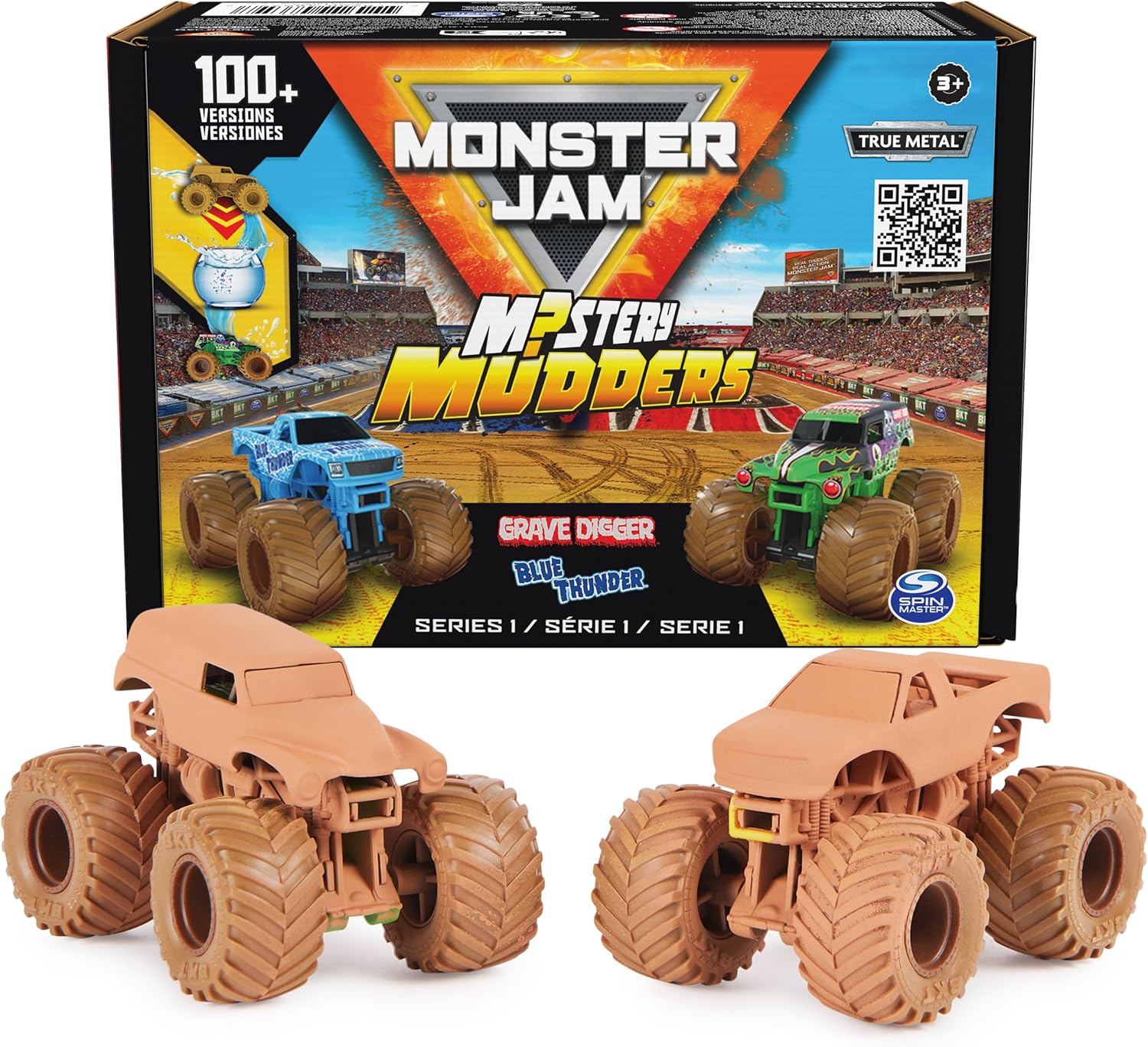 Monster Jam, Mystery Mudders 2-Pack Monster Trucks, Official 1:64 Grave Digger and Blue Thunder Die-Cast Vehicles, Wash to Reveal (Styles Will Vary)