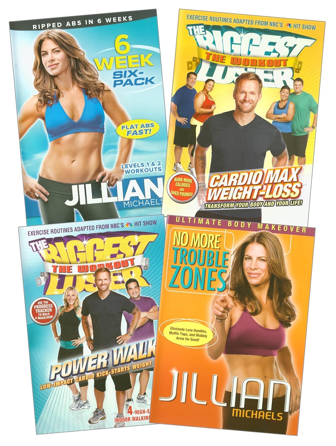 Jillian Michaels (6 Week Six-Pack, No More Trouble Zone) / The Biggest Loser (Cardio Max Weight-Loss, Power Walk) [4 Pack]