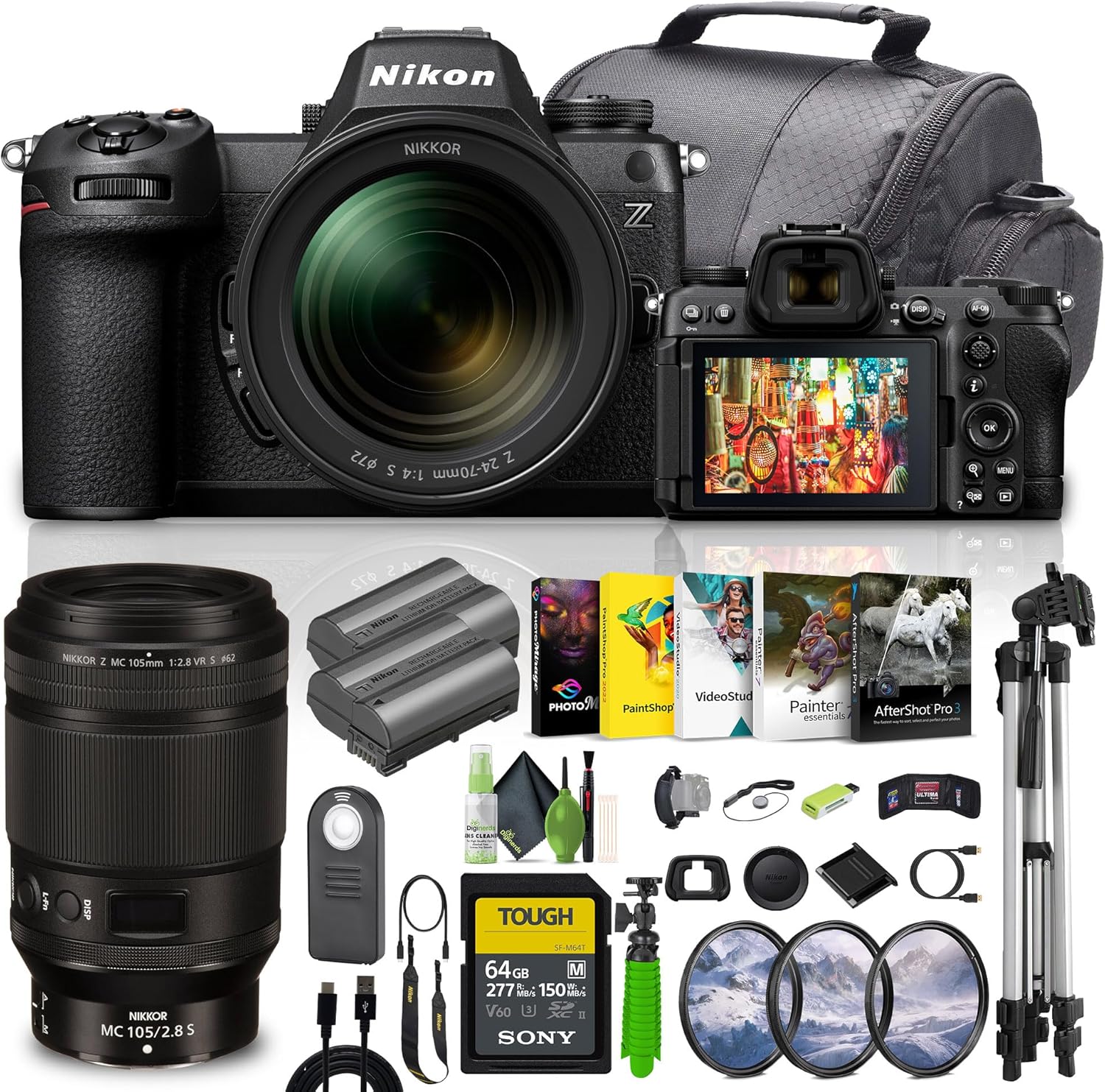 Nikon Z6III Mirrorless Camera with 24-70mm f/4 S Lens Bundle Kit with NIKKOR Z MC 105mm f/2.8 VR S Macro Lens + 64GB UHS-II SDXC Memory Card + Cleaning Kit + Camara Bag + Accessories (Renewed)