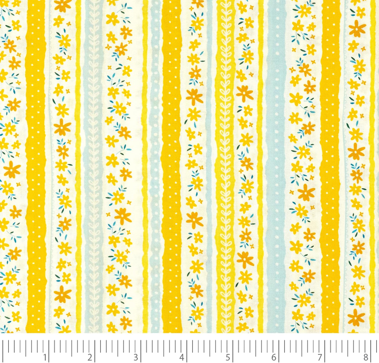 Singer Print Fabric, 100% Cotton, Blue and Yellow Flower Stripes, Cut by The Yard