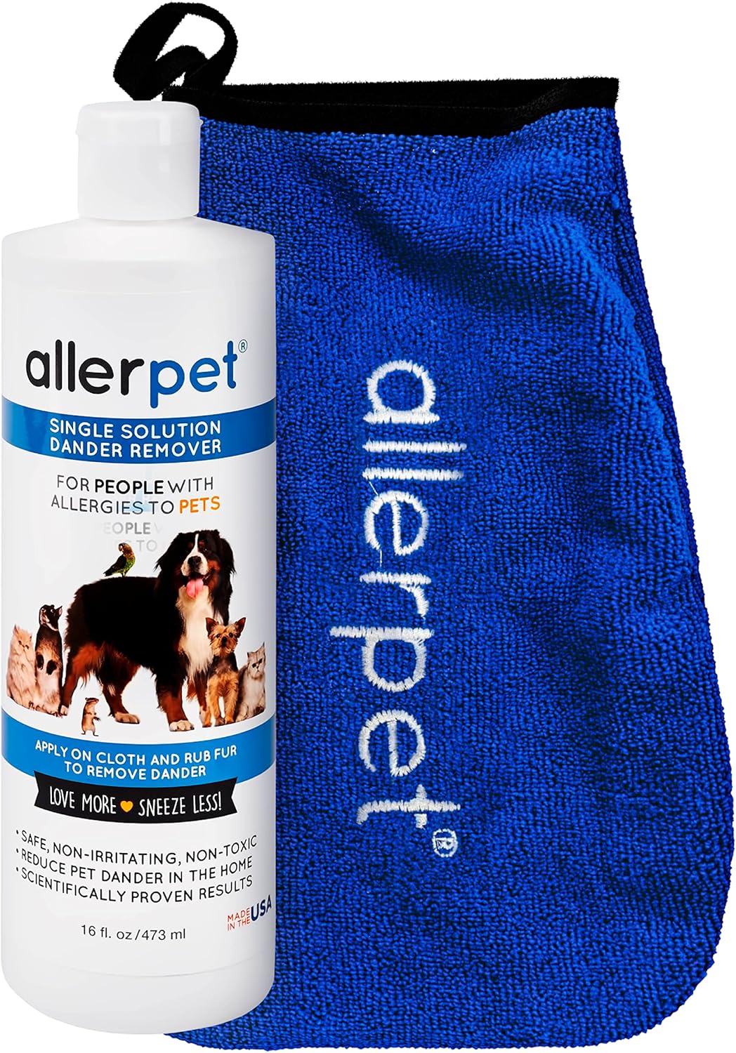 Allerpet Single Solution 16 fl oz Bottle Dander Remover for Pets – Relieves Allergies – Bonus Mitt to Easily Apply Solution to Your Pet