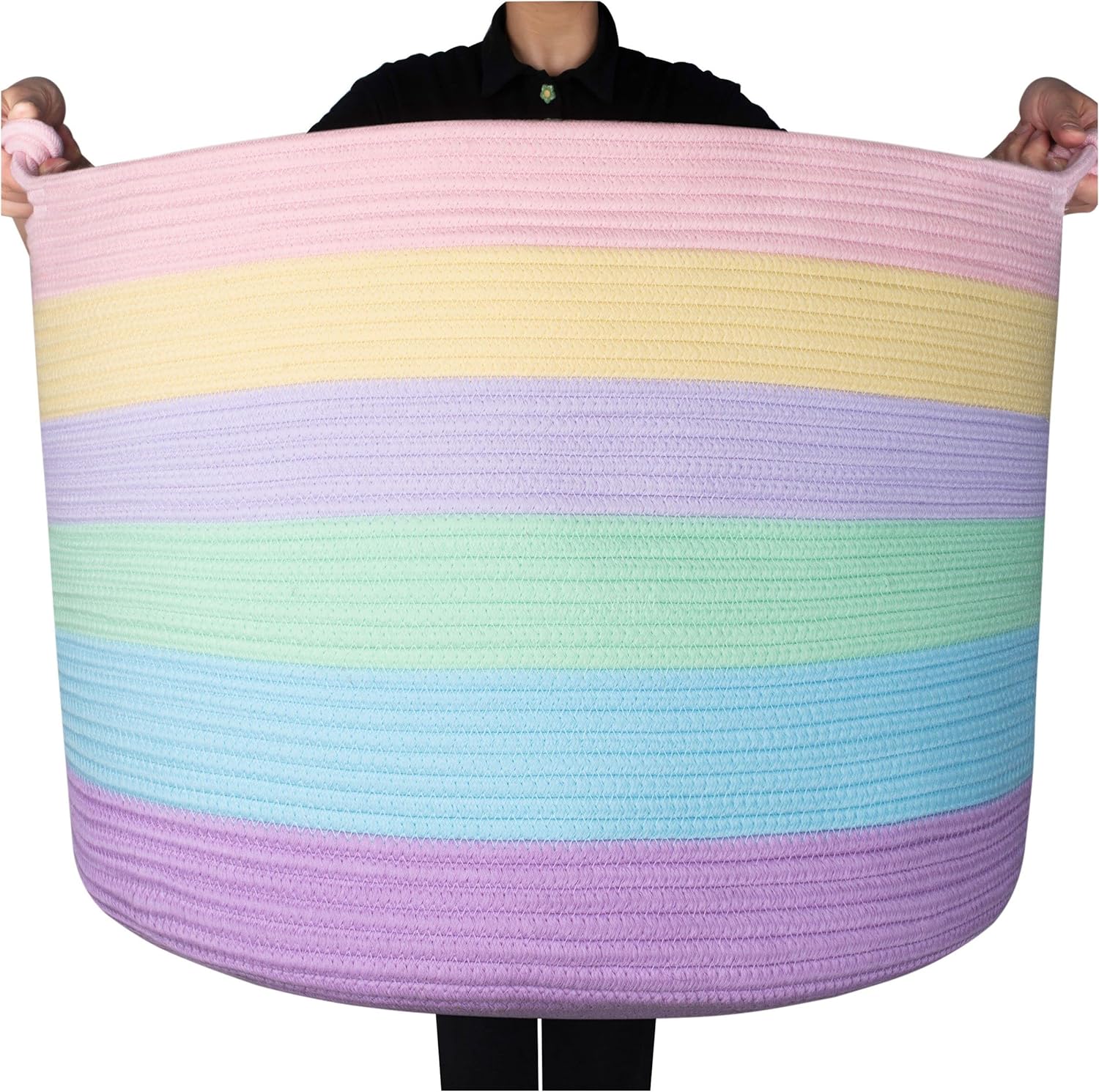 MINTWOOD Design XXXXLarge 22 x 16 Inches Decorative Cotton Rope Basket, Blanket Basket Living Room, Laundry Basket, Woven Basket, Toy Storage Baskets Bin, Round Pillows Towels Basket, Pastel Rainbow