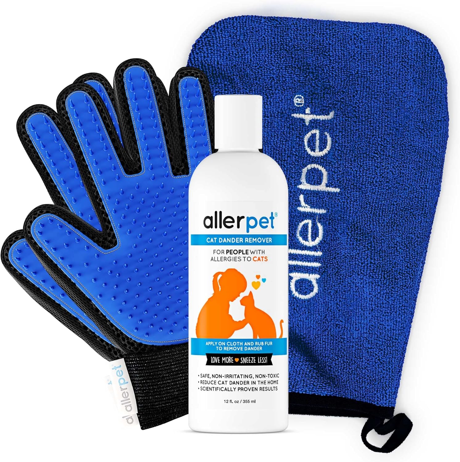 Allerpet Cat Dander Remover w/Free Pair of Grooming Gloves and Mitt – Effective Cat Dander Reduction, Anti Allergen Solution Made in USA – (12oz)