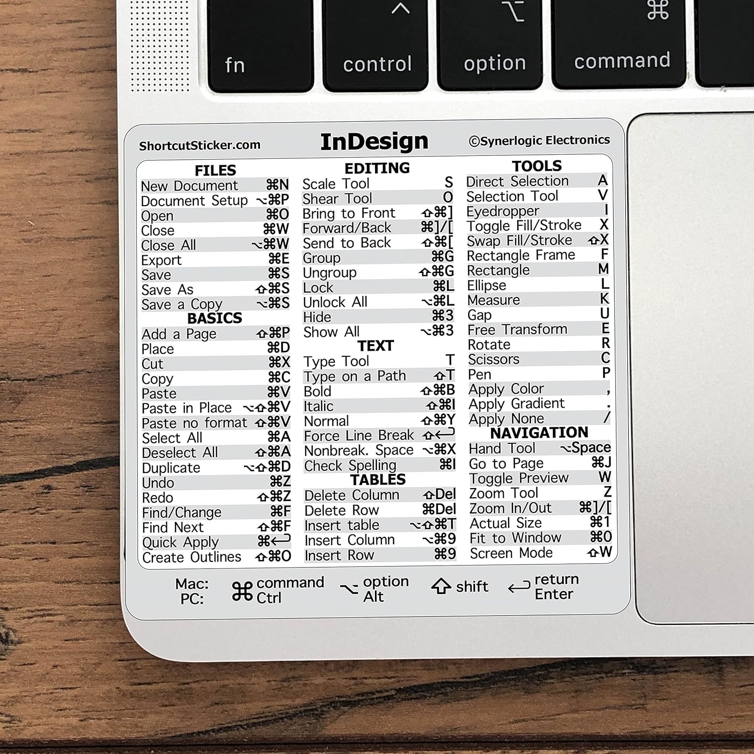 SYNERLOGIC Adobe InDesign Quick Reference Keyboard Shortcut Sticker, No-Residue Laminated Vinyl, for Any MacBook or Windows PC