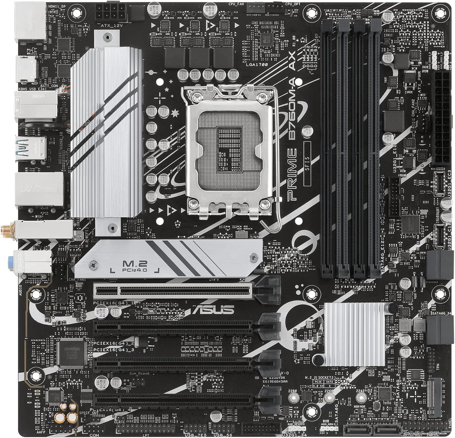 ASUS Prime B760M-A AX LGA 1700(Intel® 12th&13th Gen) microATX Motherboard (PCIe® 4.0, 2xM.2 Slots, DDR5,Realtek 2.5 Gb LAN,WiFi 6, DP,Rear USB 3.2 Gen 2, Front USB 3.2 Gen 1 Type-C®)