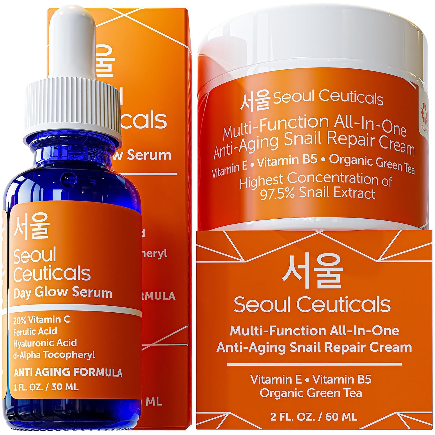 Korean Skin Care Set – Potent Vitamin C Serum with Korean Snail Repair Cream – The Most Potent Duo For Providing You With That Bright, Youthful Glow. Your Natural & Organic Korean Beauty Routine