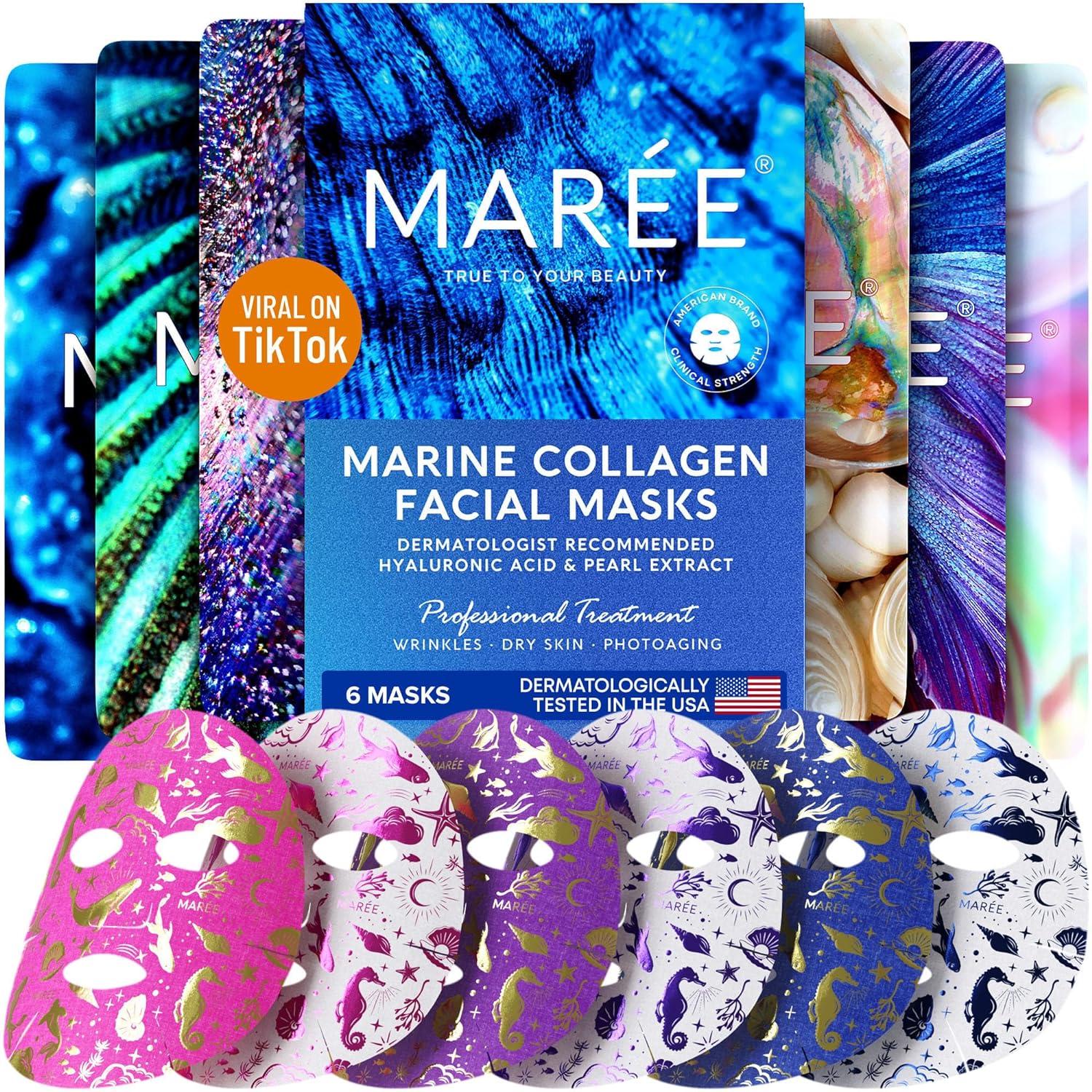 MAREE Collagen Face Mask with Hyaluronic Acid – Sheet Face Masks Skincare with Green & Red Algae Extract for All Skin Types – Hydrating Facial Mask Skin For Women Care Mascarillas Faciales – 6 Pack