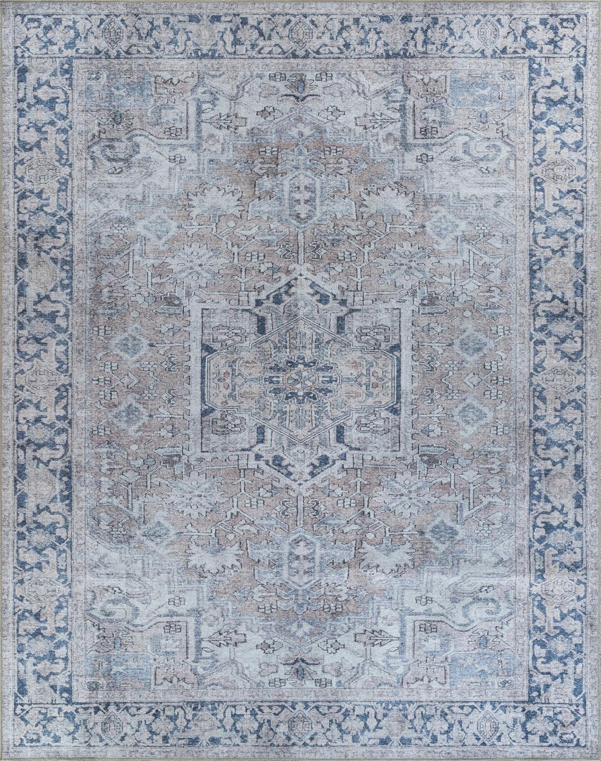 Easy Care 9′ x 12′ Non-Slip Extra Large Area Rug for Living Room, Bedroom, Dining Room – Vintage Farmhouse, Moreno Collection – Beige/Blue