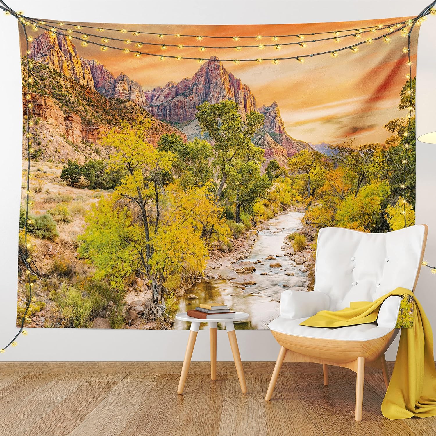 Lunarable Zion National Park Tapestry, Scenery of Sunset at Watchman Peak Forest Along Virgin River, Fabric Wall Hanging Decor for Bedroom Living Room Dorm, 45″ X 30″, Lilac Green