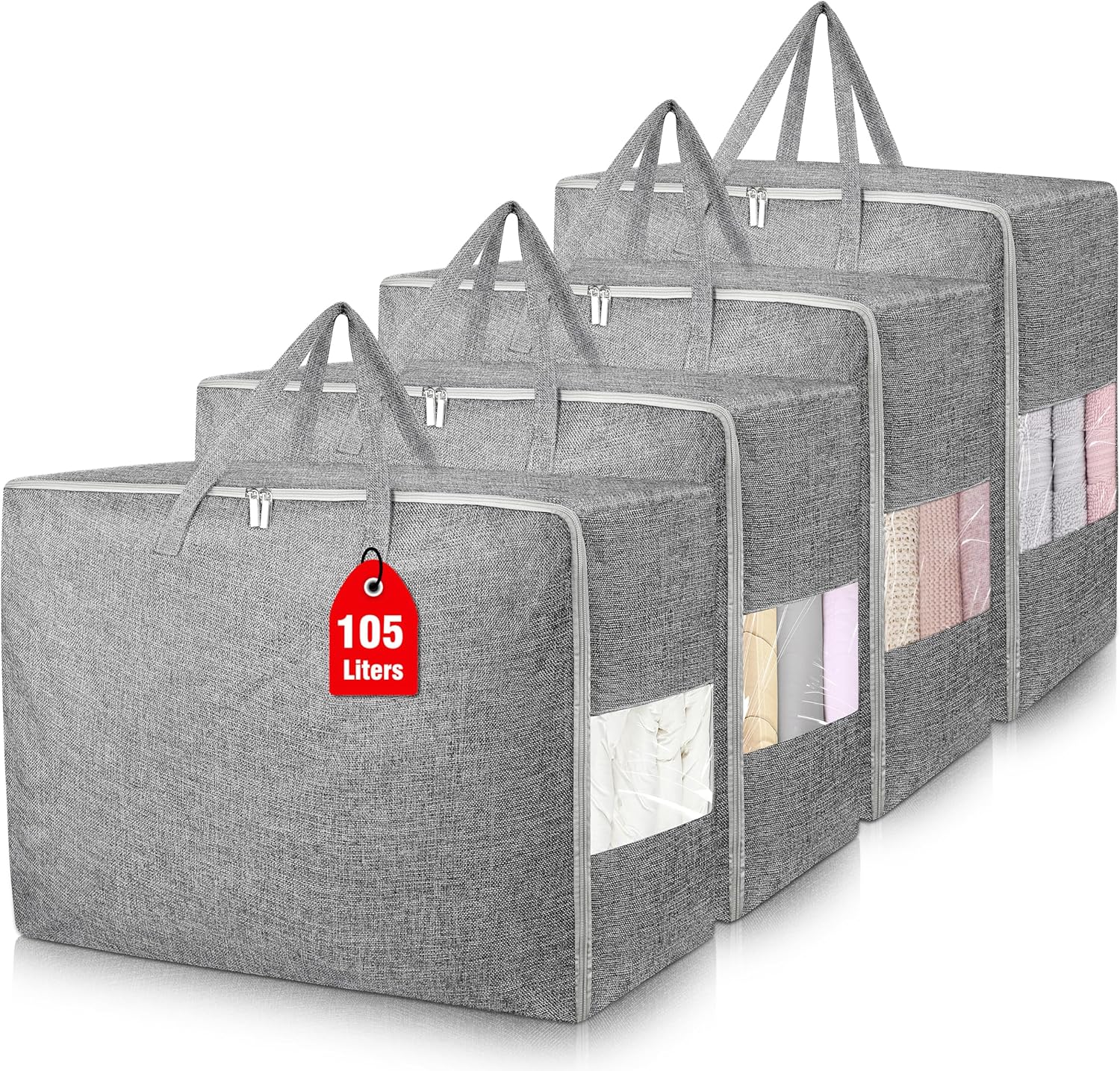 4Pack 105L Extra Large Storage Bags, Folding Moving Comforter Blanket Storage Bags Closet Organizers and Storage Containers for Clothes with Strong Handles&Zippers Clear Window for Bedding Pillow Grey