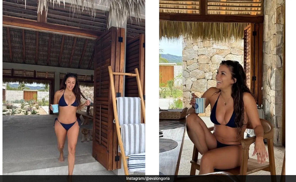 Eva Longoria Swapped Red For A Navy Blue Swimset On Her Christmas Break