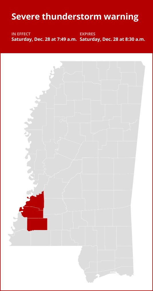 Thunderstorms with damaging winds and nickel-sized hail in southwest Mississippi Saturday