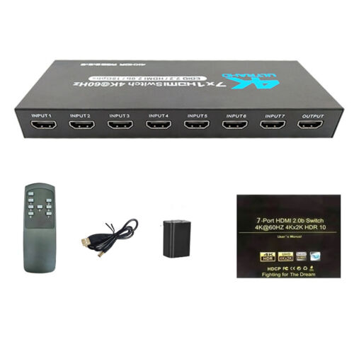 7 Port HDMI Switch 2.0 4K@60Hz 7×1 HDMI 2.0 Switcher With IR Remote Support HDR