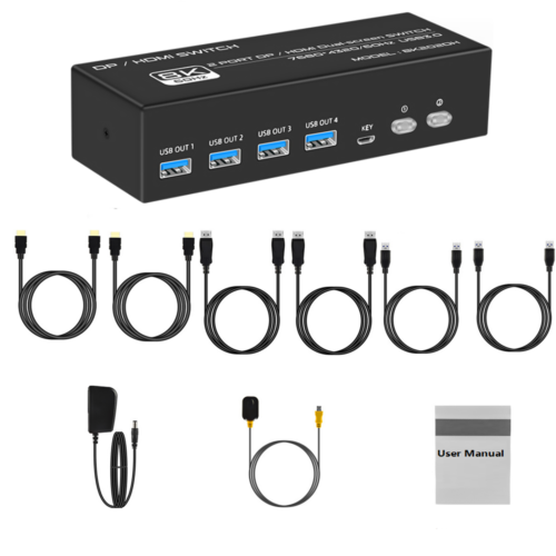 2 In 2 Out 8K@60Hz DP HDMI USB3.0 KVM Switcher 2×2 For 2 Computers 2 Monitors