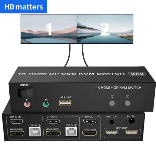 HDMI+DisplayPort DP USB KVM Switch 4K 60Hz Dual Monitor 2X2 Keyboard Mouse Share