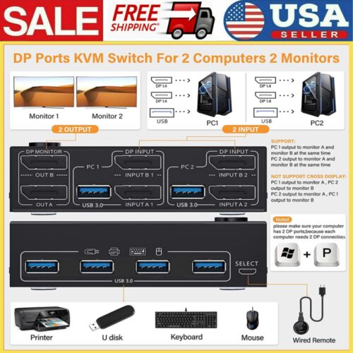 HDMI DisplayPort DP USB KVM Switch 2X2 4K 60Hz Mixed Input Dual Monitor Computer