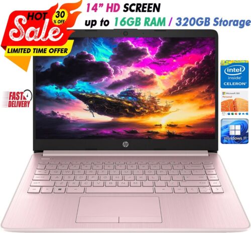 HP 2024 Newest Laptop 14″HD Intel 4-Core Up to 16GB RAM & 320GB Storage Pink