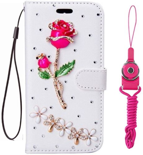 Rose Flowers Bling Diamonds Stand Leather Wallet Women Phone Case And 2 Lanyards