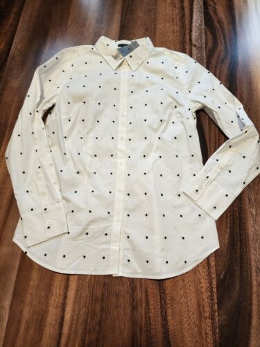 Ann Taylor Womens White Black Dot Long Sleeve Button Front Shirt Size 10 Petite