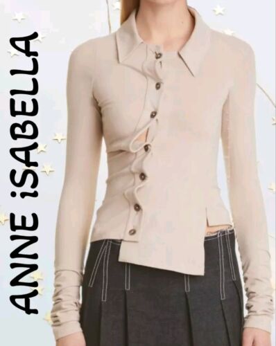 Anne Isabella Beige Asymmetrical Shirt Womens Sz S Button Front Long Sleeves