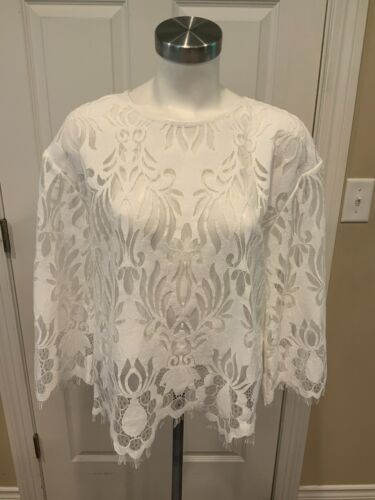 Anne Fontaine White Floral Lace Top Shirt Fringe Trim, Size 8 (US) 40 (FR)