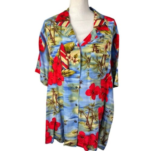 Hawaiian Silk American Classics by Anne Bowen Button Front Short Sleeves 3X Blue