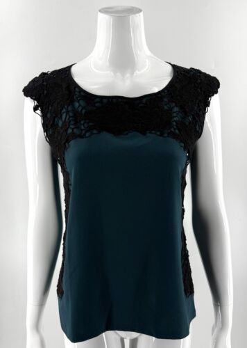 Ann Taylor Top Size Medium Petite Forest Green Black Lace Cap Sleeve Womens