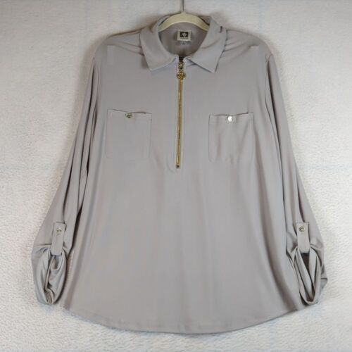 Anne Klein Women’s Grey Vintage Chiffon Zipper Pocket Office Blouse Size XL