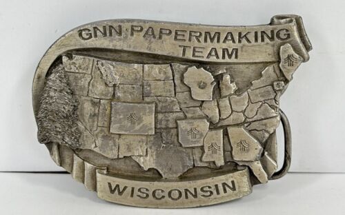 Vintage Detailed GNN Papermaking Team Wisconsin Silver Belt Buckle USA Map