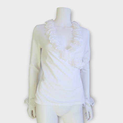 Anne Fontaine White Ruffle Blouse EU 40 US 8  Pima Cotton V-Neck Top Classic