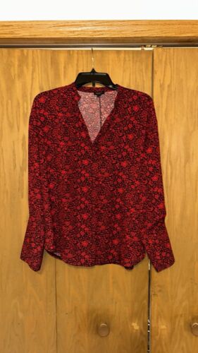 ANN TAYLOR Blouse Sz Medium Red/Black Floral Print Long Sleeve Shirt Top