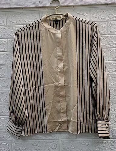 New Ann Taylor Hidden Button Up Long Sleeve Collard Shirt Gold/Black Stripe Sz L