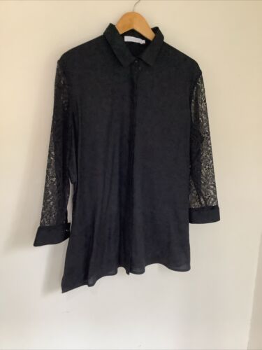 anne fontaine 44 Usa 12 Black Linen Blend Minimalist Lace Relaxed Button Up Top