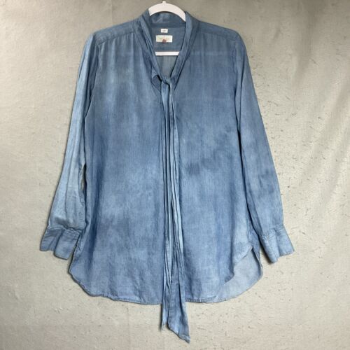 Upcycled Top Shirt Women Medium Blue Chambray Artsy Coastal Everday Norm