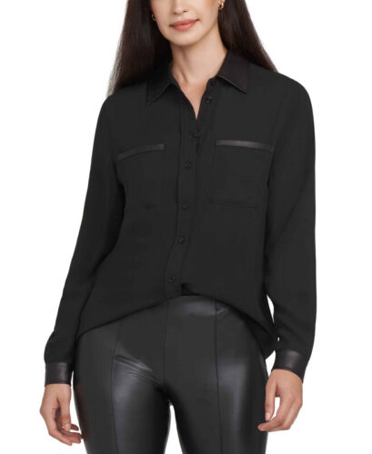 Anne Klein Women’s Faux-Leather-Trim Button-Down Shirt (Black, X-Small)