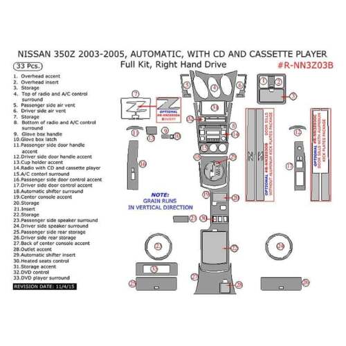 For Nissan 350Z 03-05 Remin Titanium Burl Wood Full Dash Kit 33 Pcs