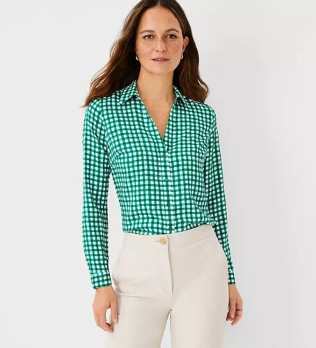 Ann Taylor Women’s Plaid Essential Shirt Bright Kelly Green Size Med New