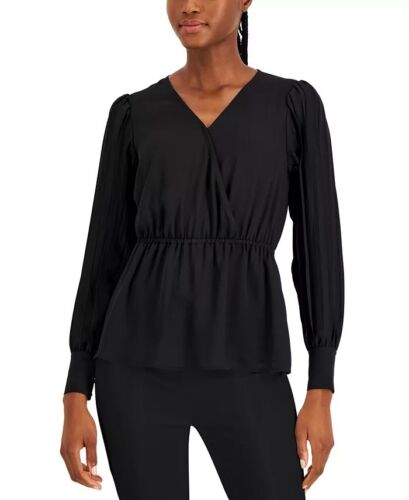 Anne Klein Pleated Sleeve V Neck Blouse