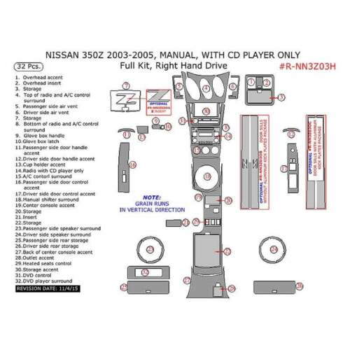 For Nissan 350Z 03-05 Remin R-NN3Z03H-SMBW Medium Burl Wood Full Dash Kit 32 Pcs