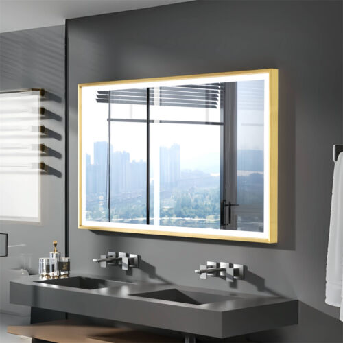 Large LED Bathroom Wall Mirror Gold Frame Demister Touch Control Anti-fog Mirror