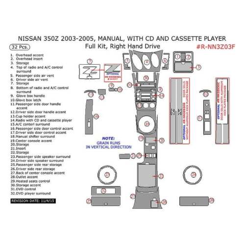 For Nissan 350Z 2003-2005 Remin R-NN3Z03F-SYELLOW Yellow Full Dash Kit 32 Pcs