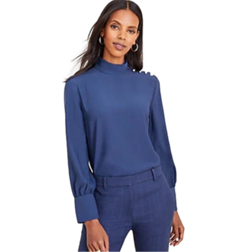 Ann Taylor Blue Button Neck Balloon Sleeve Blouse | Small