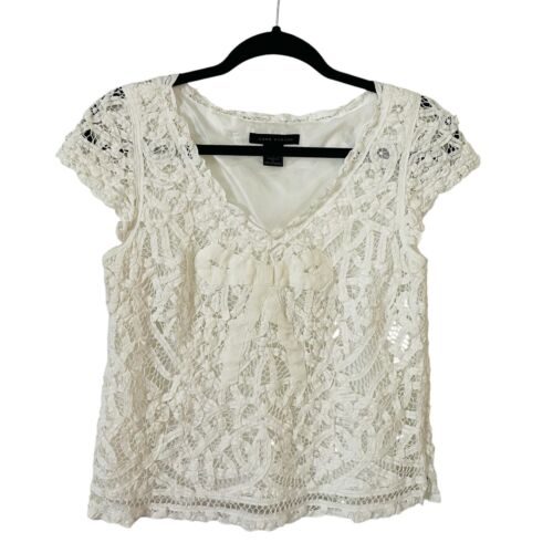 Anne Carson Linen Blend Blouse Top Womens 6 White Battenburg Lace Cap Sleeve