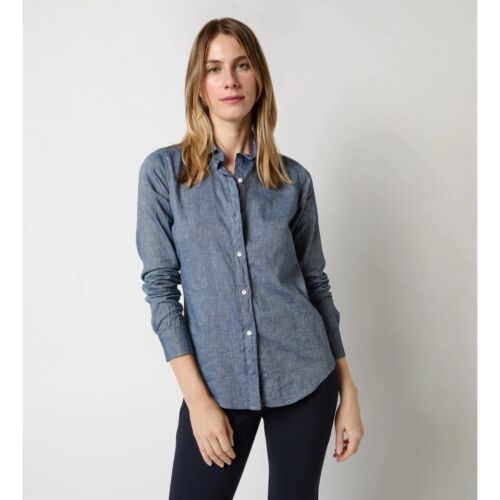 ANN MASHBURN Icon Shirt Indigo Cotolino Chambray Sz XS X-Small Collared Button