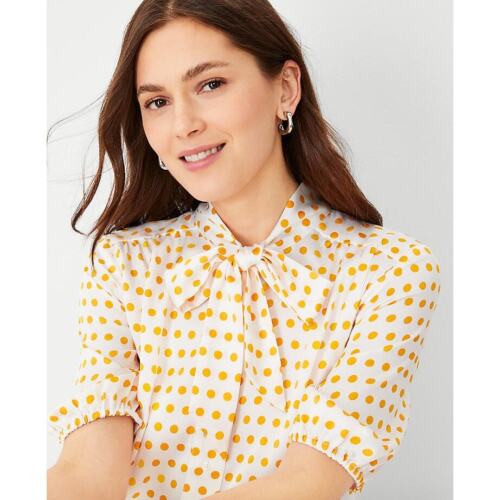 NWT Ann Taylor Dotted Half Placket Tie Neck Blouse Sz Medium