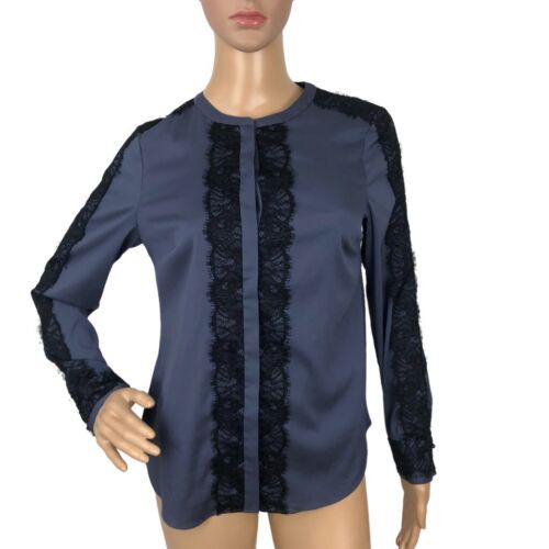 Ann Taylor Blouse Button Up Top Blue Lace Trim Dark Academia Office Career SZ 6P