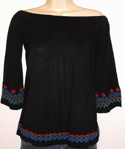 Loft Women’s Petites Size XXSP Black 3/4 Sleeve Embroidered Off-Shoulder Top