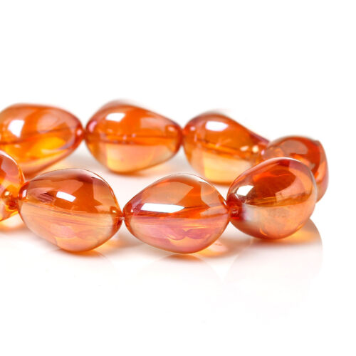 10 Teardrop Glass Beads in Transparent Orange with a Rainbow Shimmer – BD790