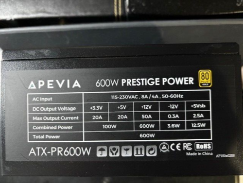 Apevia Prestige Series ATX-PR600W 600W 80 PLUS Gold ATX12V Power Supply NY/USA