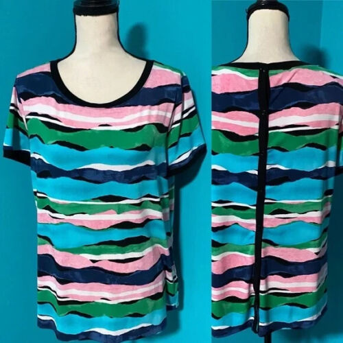 Anne Klein L Blue Pink Striped Button Back Short Sleeve Blouse Top